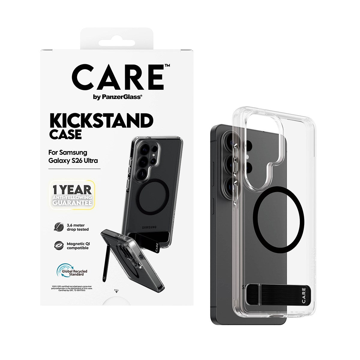 CARE™ by PanzerGlass® Urban Explorer Case Transparent m. Schwarz Kickstand & Qi Samsung Galaxy S26 Ultra